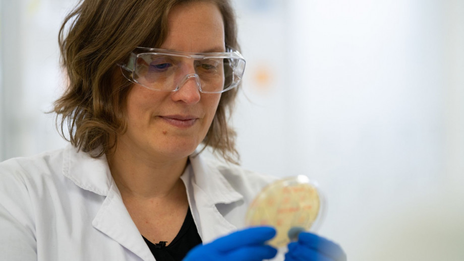 A woman wearing protective goggles looking at a petri dish, wearing a lab coat