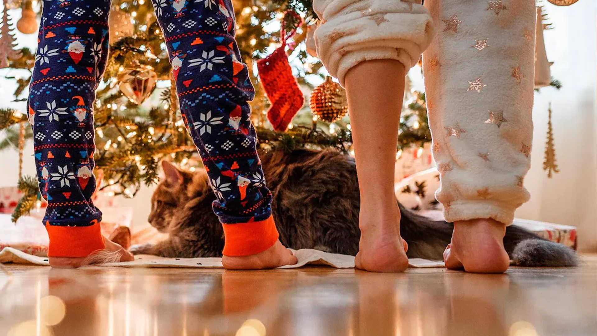 Two kids standing in front of a Christmas tree