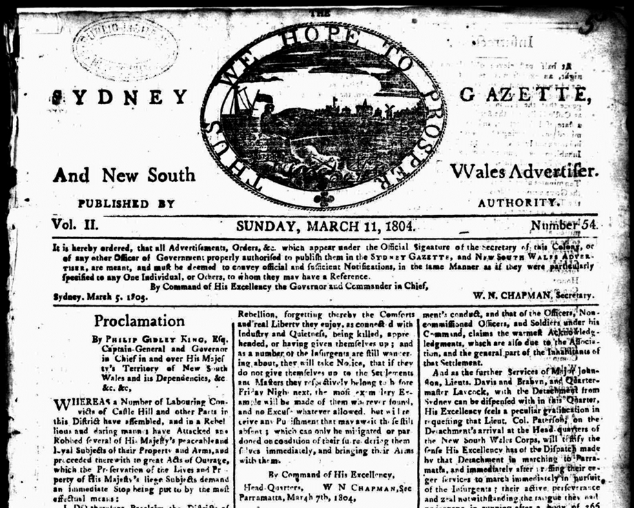 Front page of The Gazette for March 11, 1804. National Library of Australia