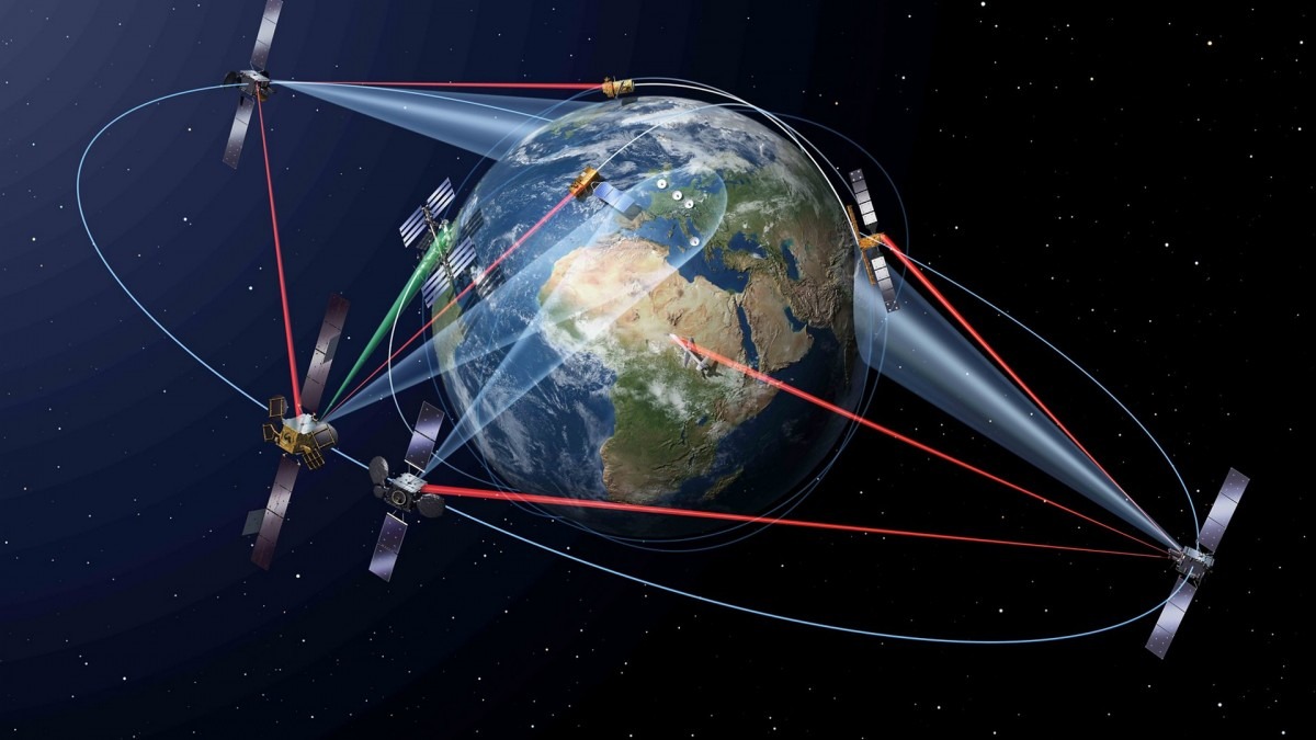 Illustration showing globe of Earth in space, with orbiting satellites. Multiple laser lines between Earth and satellites are shown.