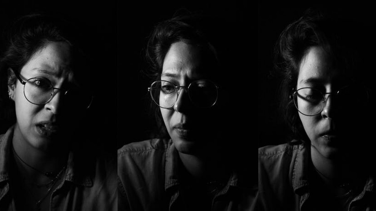 A triptych of images shows a woman photographed in black and white, her facial expressions different in each image. She is wearing glasses and looks both serious and sad.