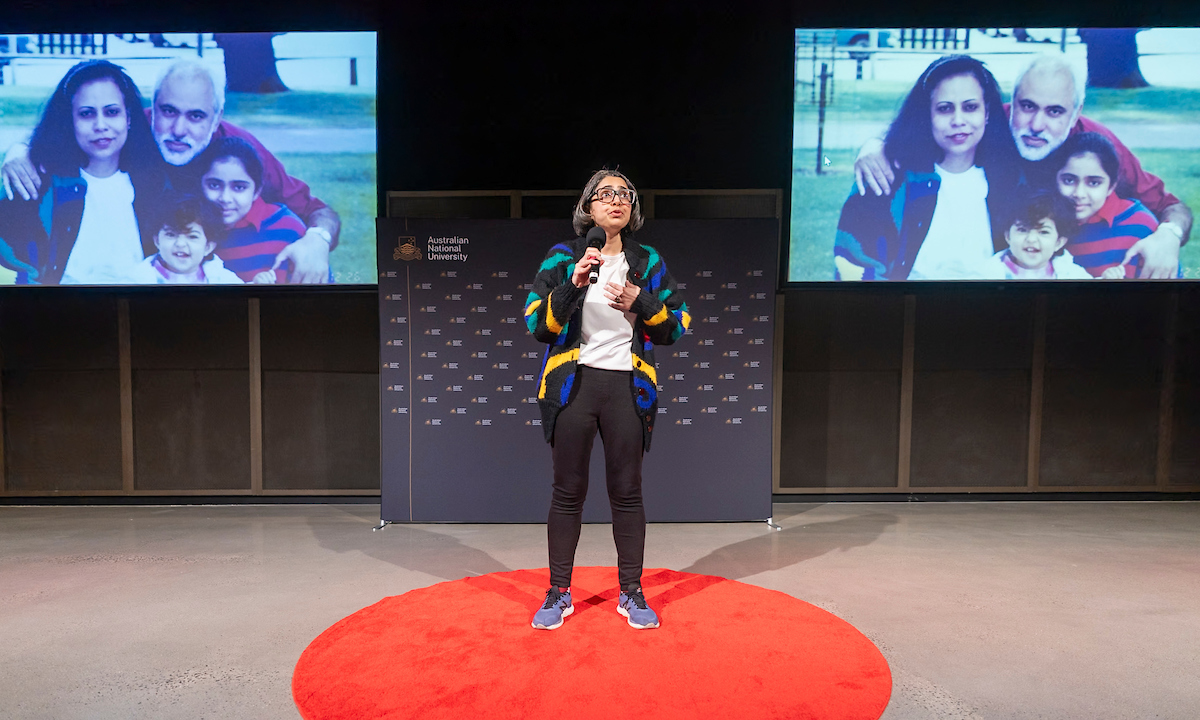 People’s choice winner Mamta Sachan Kumar. Photo: The Australian National University Speaking on stage
