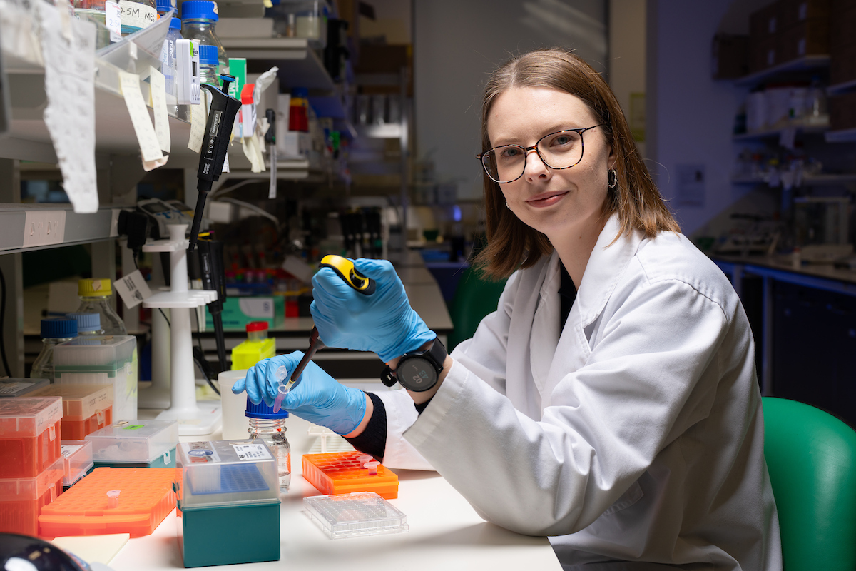 Dr Samantha McGaughey. Photo: Jack Fox/ANU. Dr Samantha McGaughey in a lab
