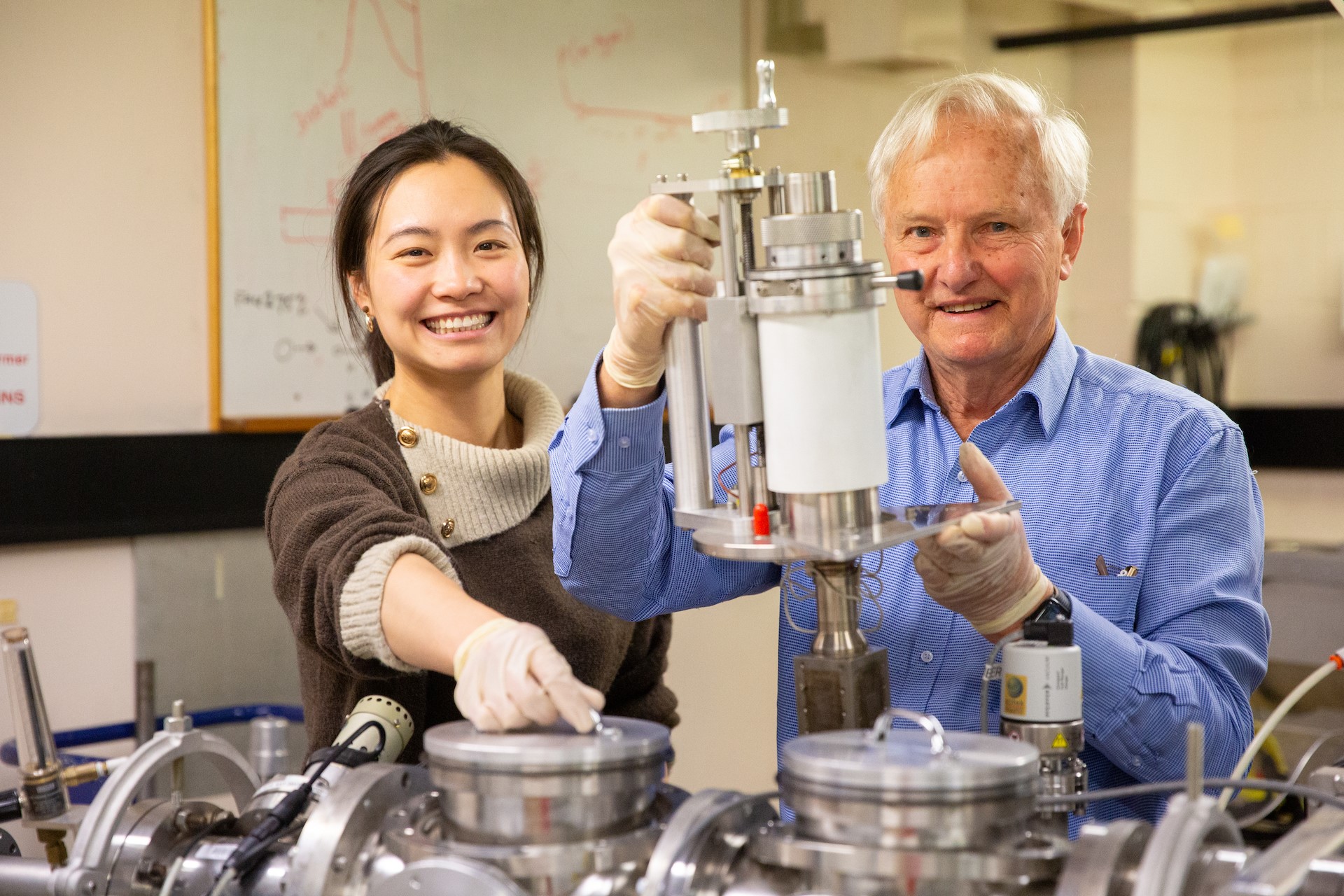 Dr Xingshuo Huang and Emeritus Professor Jim Williams. Photo: ANU Two scientists in a lab