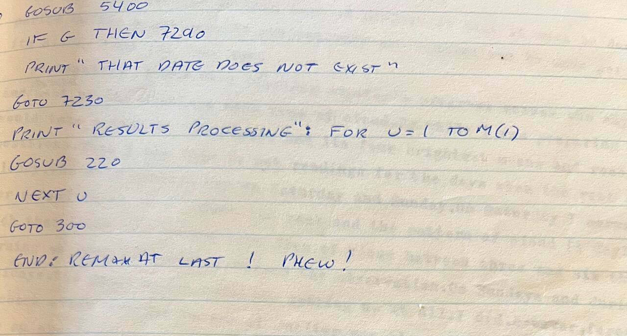 The first science code that Professor Moresi wrote. Supplied. Hand-written code