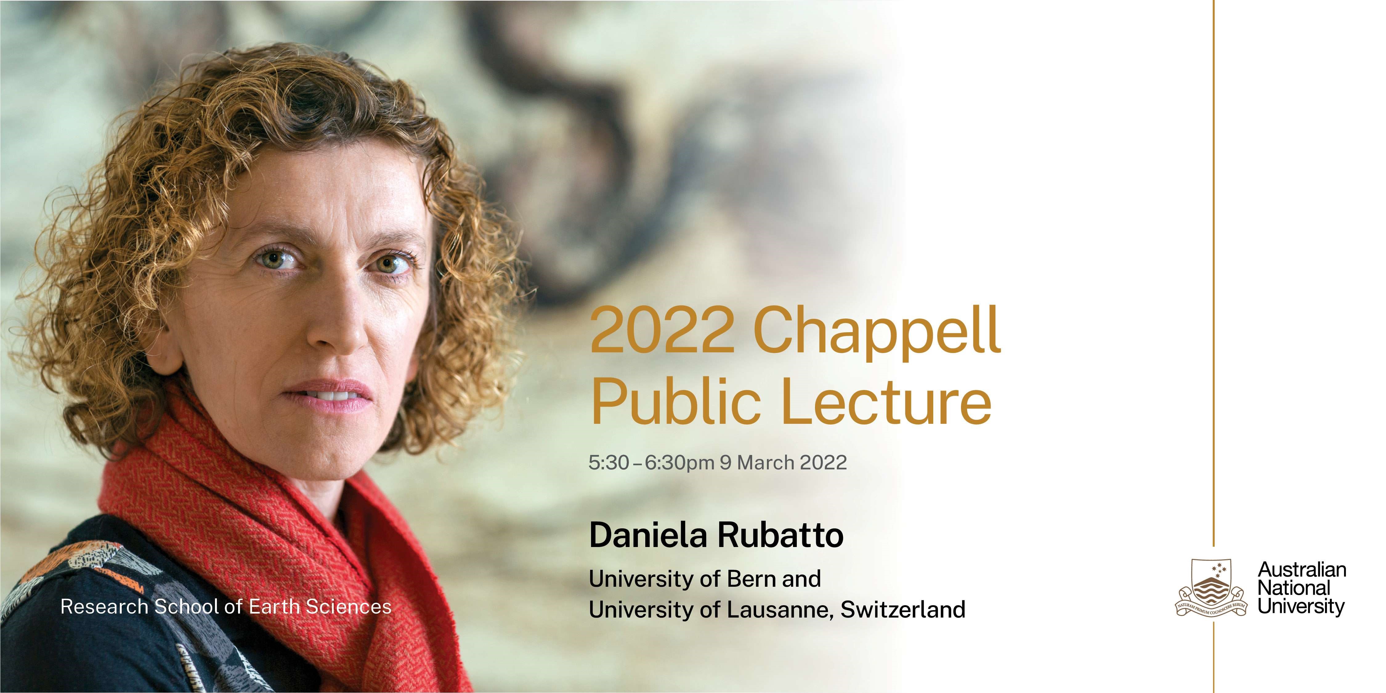 Promotional banner for the 2022 Chappell Public Lecture featuring a close-up photo of a woman with curly hair wearing a red scarf, along with event details and logos.