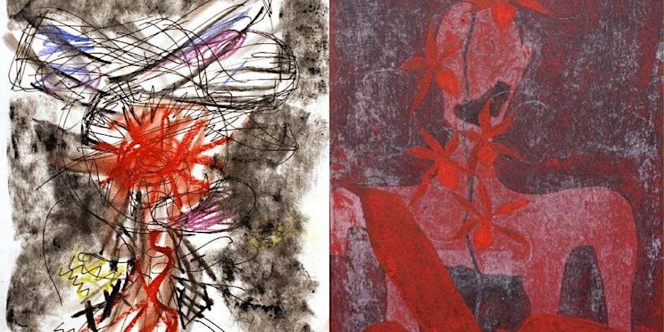 Two abstract artworks side by side; the left featuring chaotic lines and splashes of color on a grey background, and the right displaying bold red forms suggestive of a figure on a darker red background.