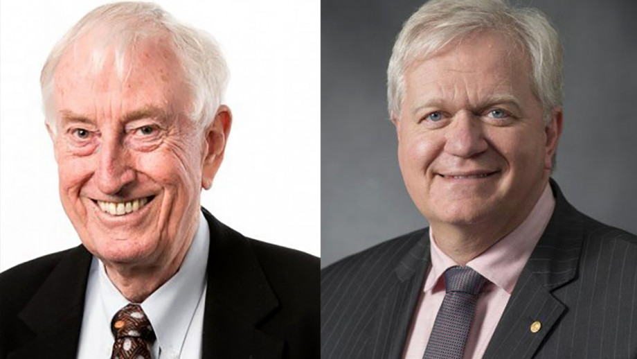 Split-screen image showing two elderly men smiling, the left in a black suit, the right in a grey suit with a pink shirt and striped tie.
