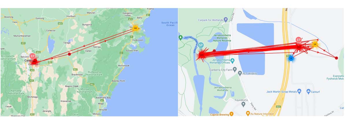 L: Hiroyuki’s movements of over the month of February, including a short beach escape. R: Homebody snipe – this map shows the few kilometres that this particular bird stays in and the predictable movements of one snipe over February 2023. Maps: Lori Gould. Two maps with red lines