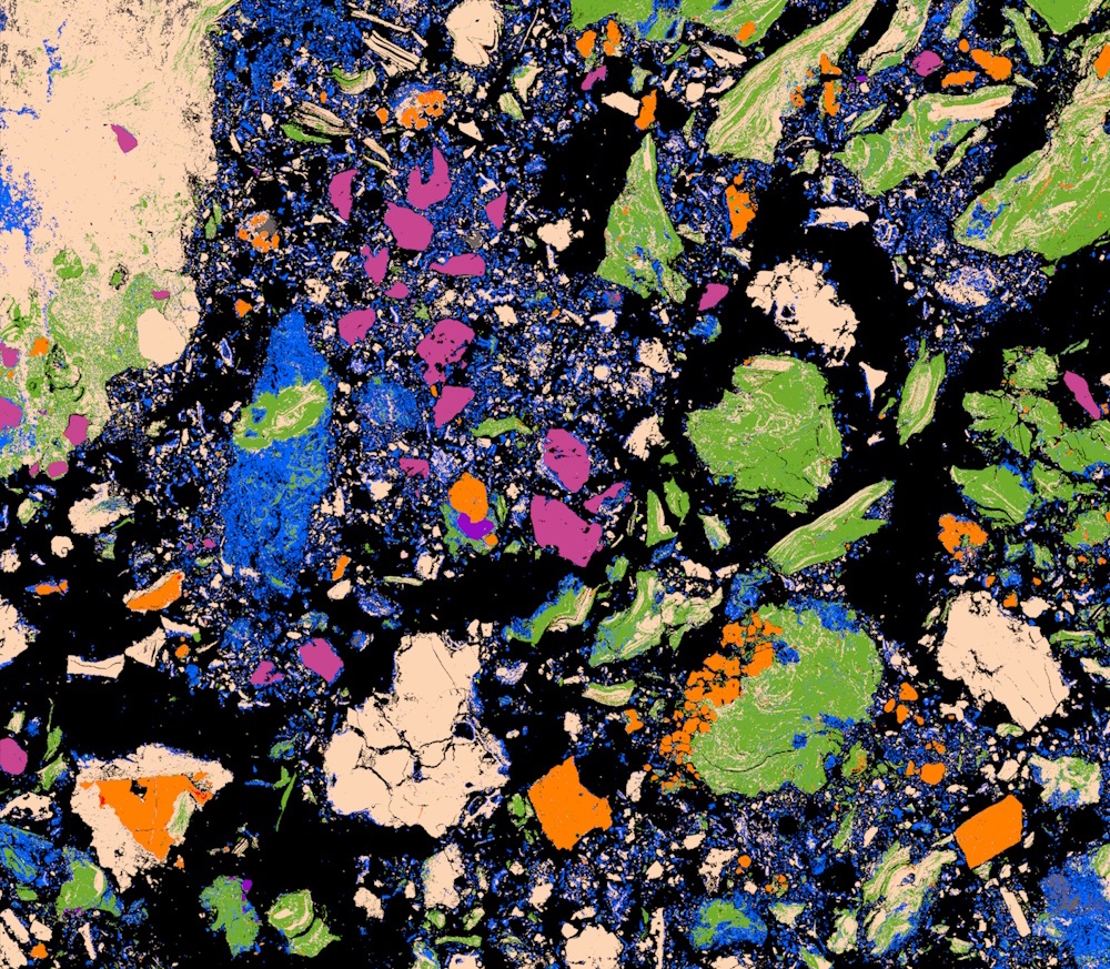 Automated mineral map acquired using QEMSCAN of a 2 cm sample