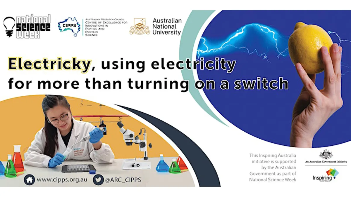 Graphic reads Electricky, using electricity for more than turning on a switch. Includes images of a women in a lab coat undertaking chemistry experiments and a hand with a lemon behind a background of blue lightning