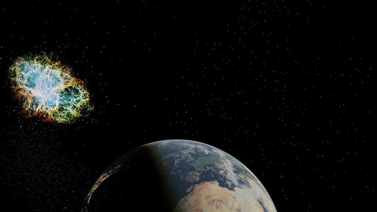 Graphic depicting Earth in space with a supernova pictured in the background