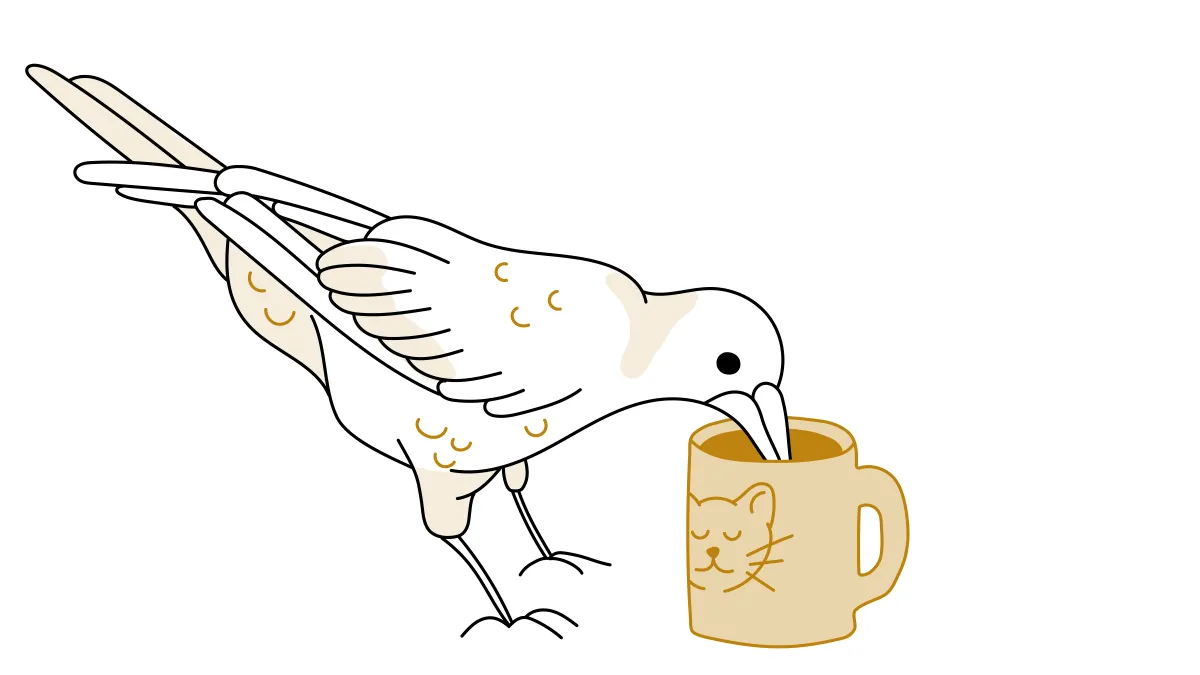 Line illustration of a magpie drinking from a mug with a cat on it.