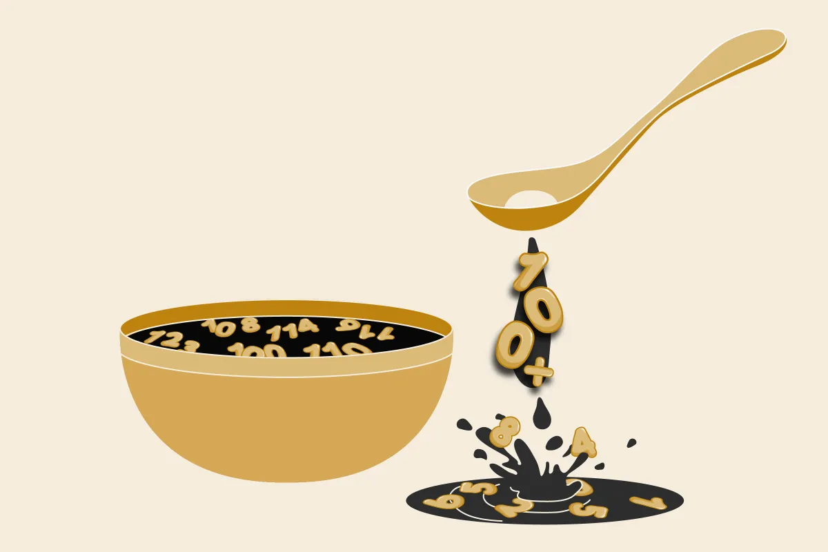 A bowl of soup, with numbers floating in the soup. There is also a spoon with a whole in it, the soup is spilling out from the hole with the number 100+.