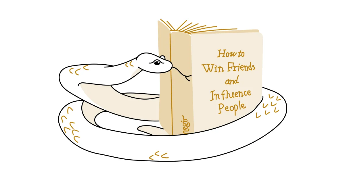 Line illustration of a snake reading a book.