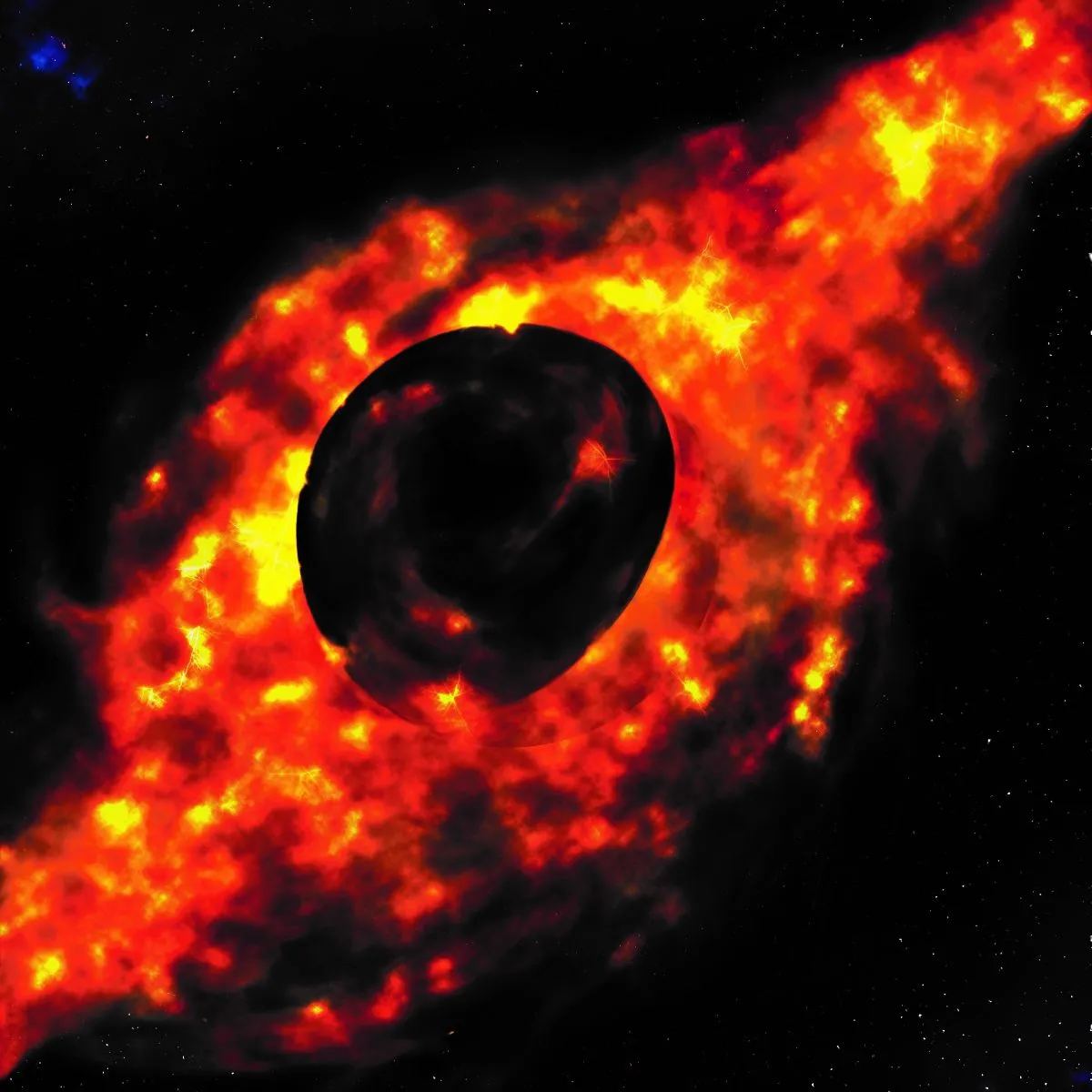 A black hole in front of a glowing red mass
