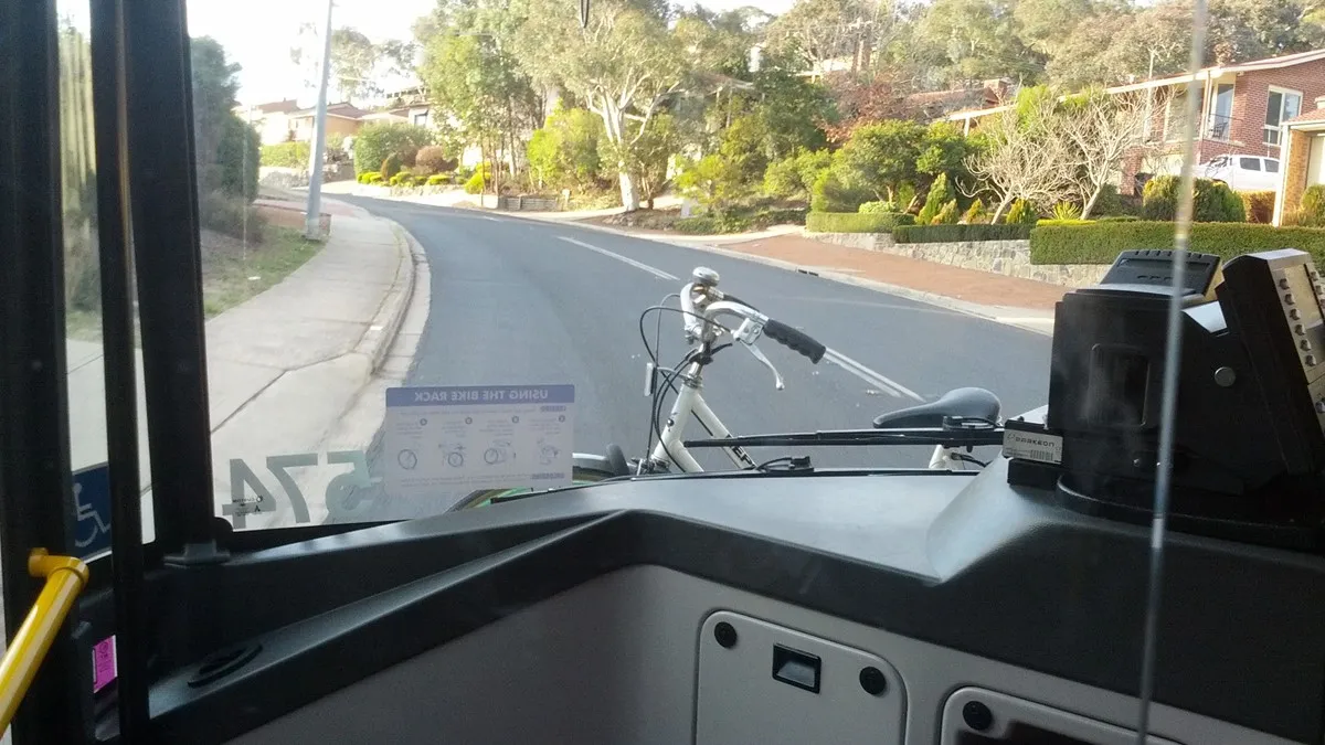 Bike travelling on the front of a bus
