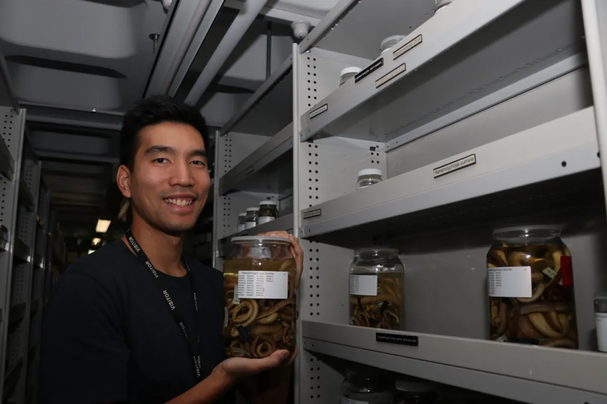 Man holds jar with snake specimen inside