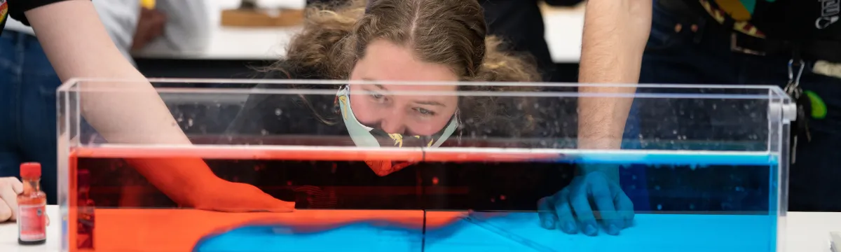 Woman looking at science experiment with red and blue liquid.