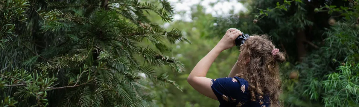 Woman with binoculars near trees