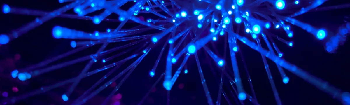 A close-up of a glowing blue fiber optic light display spreading out in multiple directions.