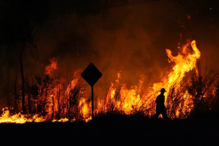 Bushfire with sign and firefighter silouhetted