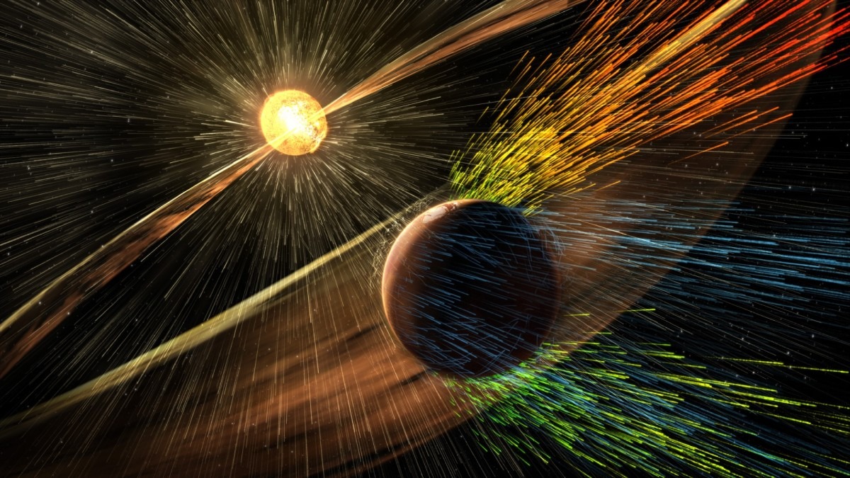Scientific visualisation of Mars being blasted by solar radiation