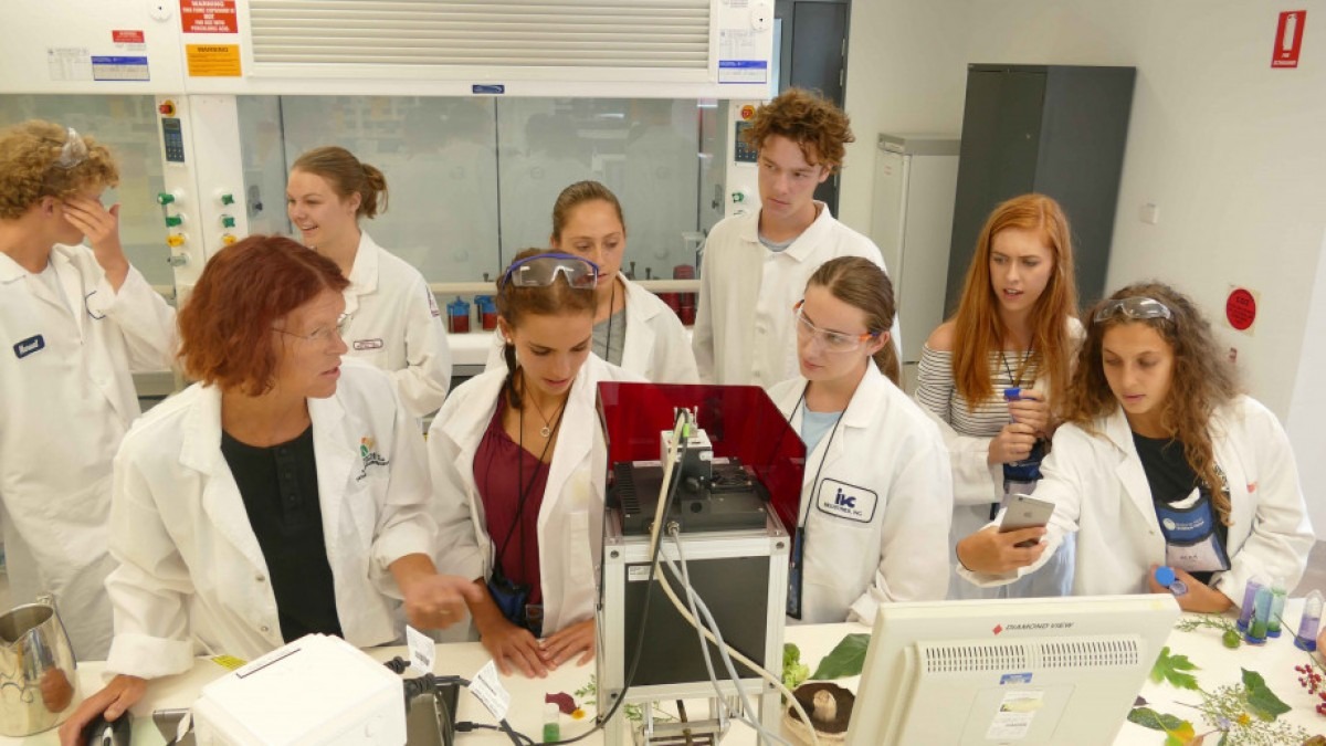 Group of students (8) undertaking science experiments in laboratory.