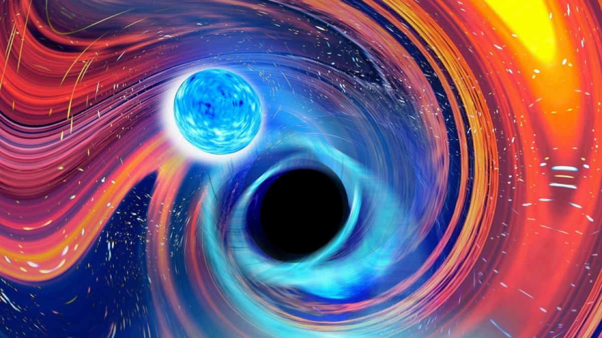 Computer generated illustration of neutron star and black hole merging. 