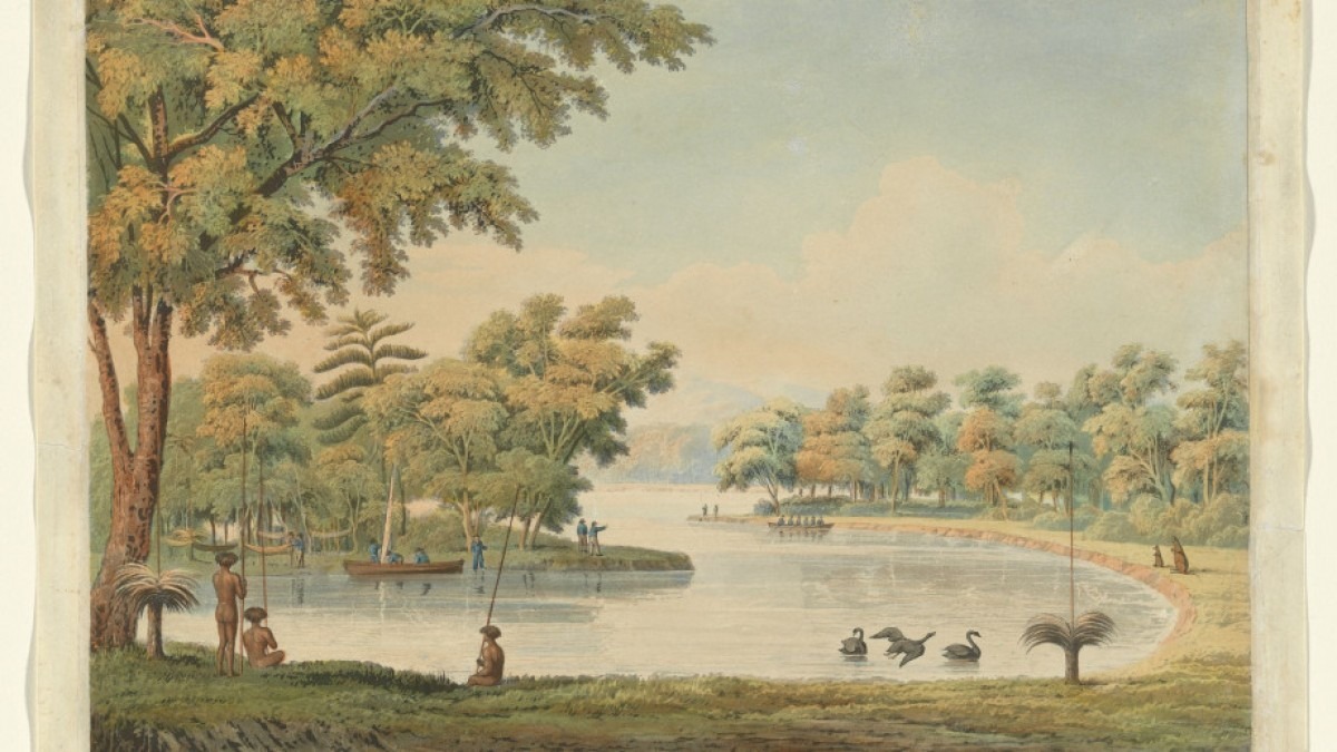 1829 painting of Swan River, showing European settlers and First Nation people amongst a lush green landscape with swans. 