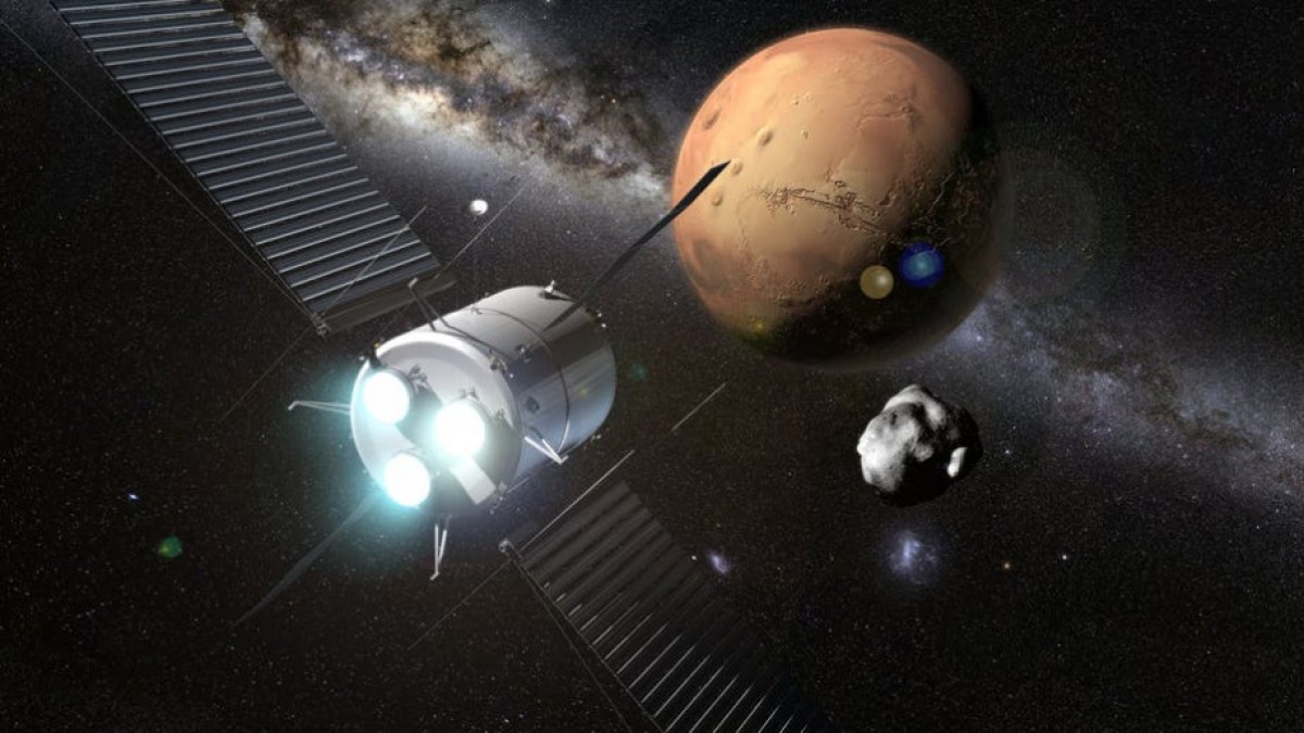 Artist impression of spacecraft with thrusters moving towards Mars with Milky Way stars in background.