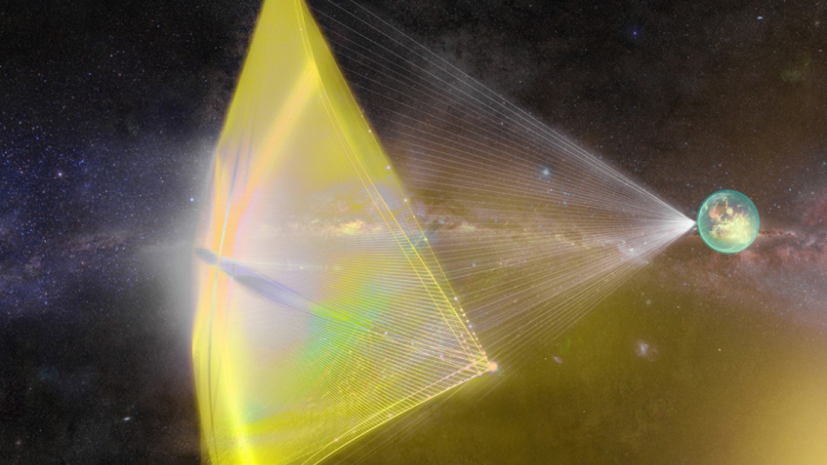 Artist interpretation of laser light sail. Image shows space with lasers from Earth casting a large sail.