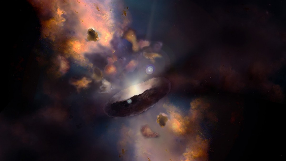 Illustration of a quasar surrounded by a dusty donut shape (torus) and clumps called 'clouds'.