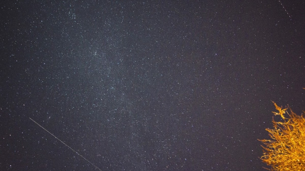 Night sky showing meteor shooting through sky. 