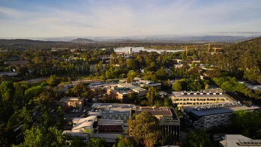 Aerial view of ANU campus, showing buildings and ovals.
