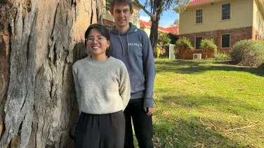 Theresia Klarissa and Tom Harrysson outside the Innovations Theatre at ANU.