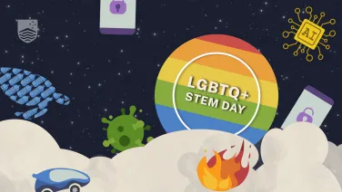 Blue background with illustrated science icons in bright colours. Text reads, LGBTQ+ STEM day