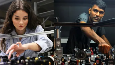 Composite image of two researchers in optics laboratory