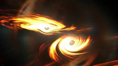 Artist impression of two black holes colliding in space.