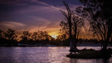 Wide river pictured at dusk with silhouetted trees and orange sunset in the background.