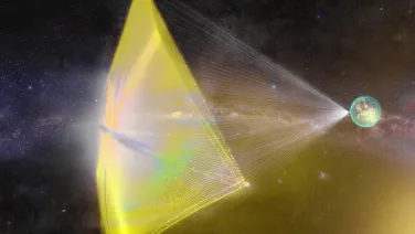 Artist interpretation of laser light sail. Image shows space with lasers from Earth casting a large sail.