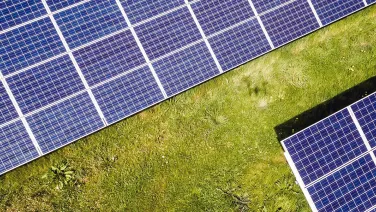 Aerial view of multiple rows of solar panels installed on green grass.